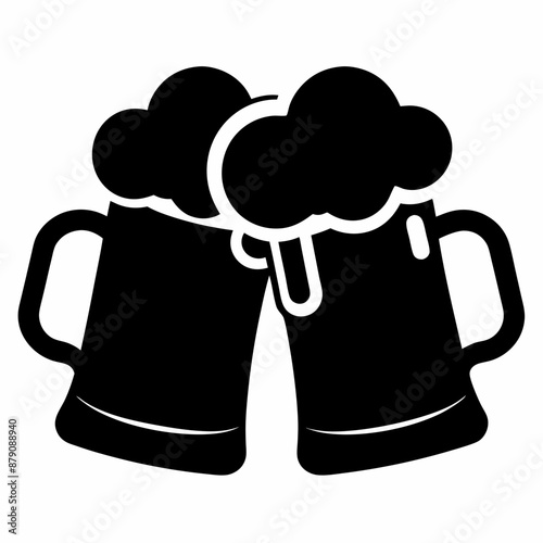 Beer mug silhouette, Two clinking beer mugs icon vector illustration

