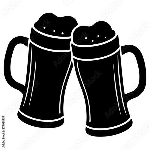 Beer mug silhouette, Two clinking beer mugs icon vector illustration

