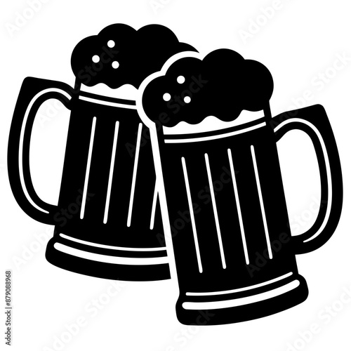 Beer mug silhouette, Two clinking beer mugs icon vector illustration

