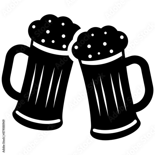 Beer mug silhouette, Two clinking beer mugs icon vector illustration

