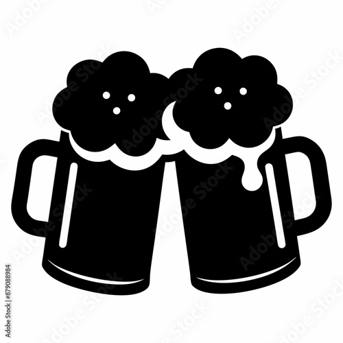 Beer mug silhouette, Two clinking beer mugs icon vector illustration

