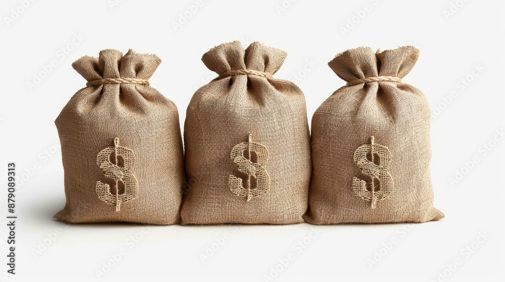 Stylish burlap bags adorned with dollar signs on a white background, perfect for copy space Stylish burlap bags adorned with dollar signs on a white background, perfect for copy space
