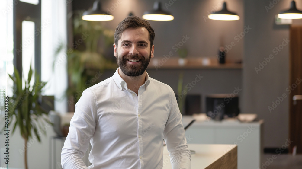 Fototapeta premium Portrait of smiling male receptionist looking at camera in modern office.