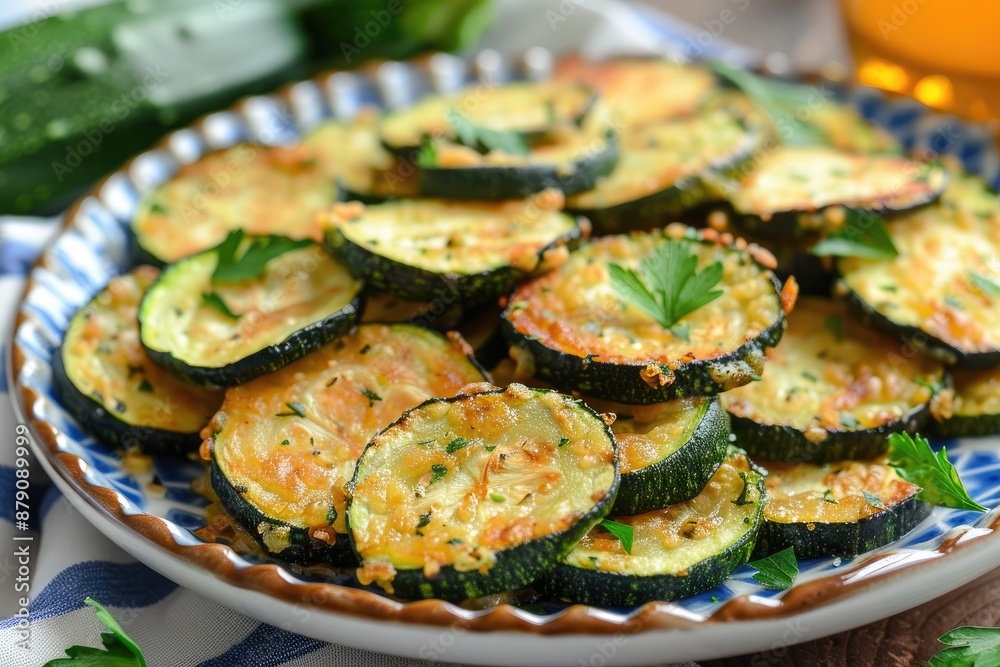 A delicious plate of golden, crispy zucchini slices. A delicious plate of golden, crispy zucchini slices.