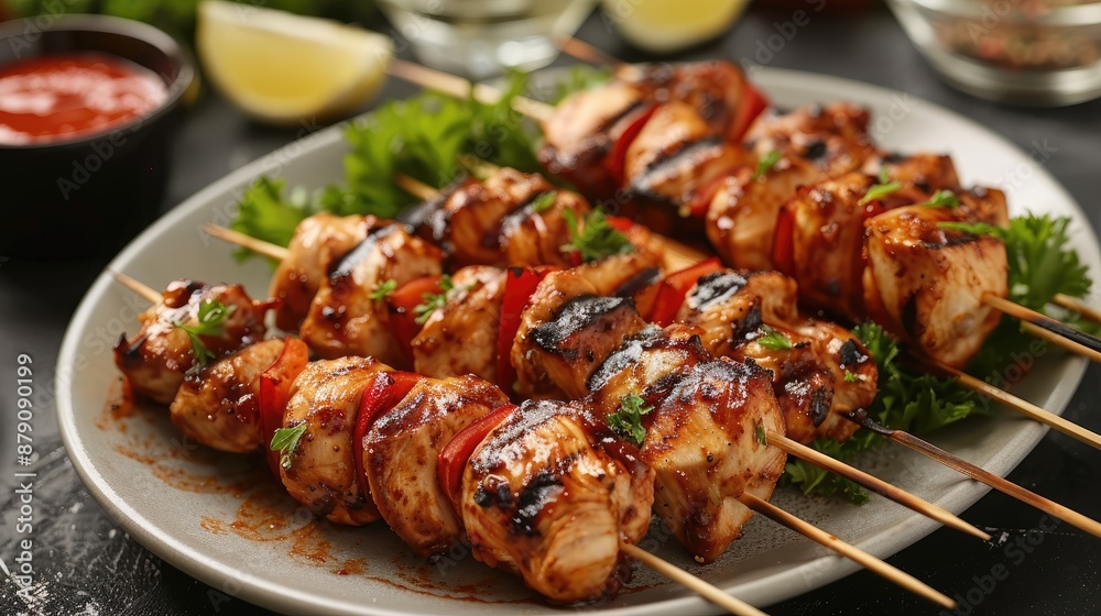 Grilled chicken skewers on a plate. Tasty and savory barbecue dish perfect for summer cookouts. Grilled chicken skewers on a plate. Tasty and savory barbecue dish perfect for summer cookouts.