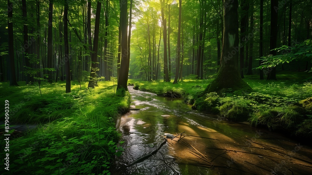 Obraz premium A tranquil forest clearing with a gentle stream