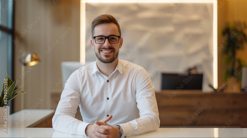 Obraz premium Portrait of smiling male receptionist looking at camera in modern office.