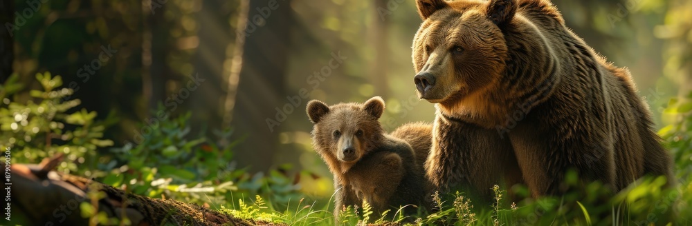 Fototapeta premium Mother Bear and Cub in a Sunlit Forest