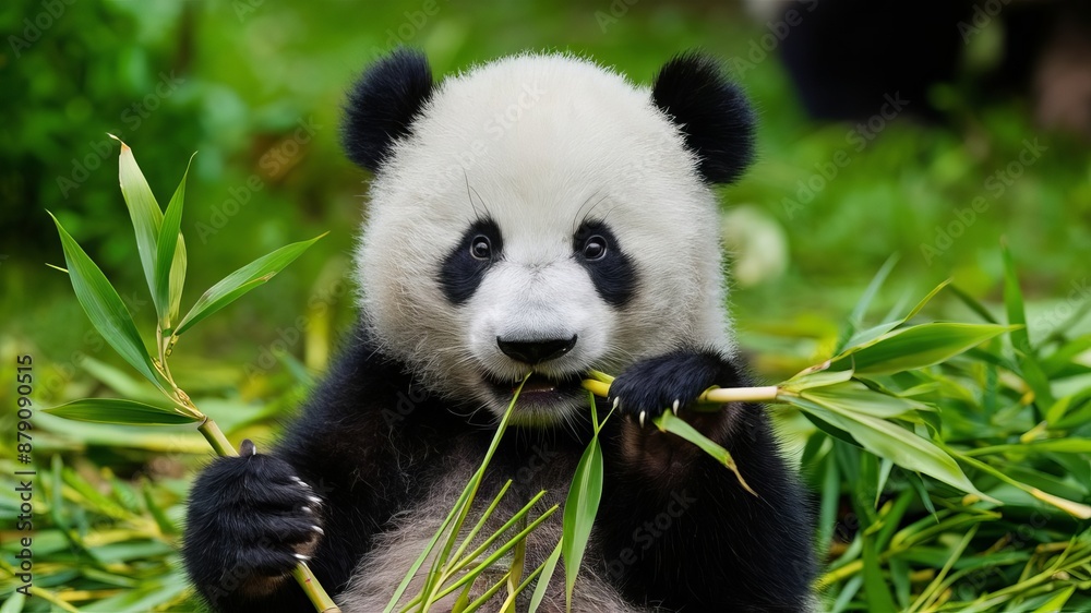 Naklejka premium Adorable black and white giant panda munches on bamboo in its natural habitat