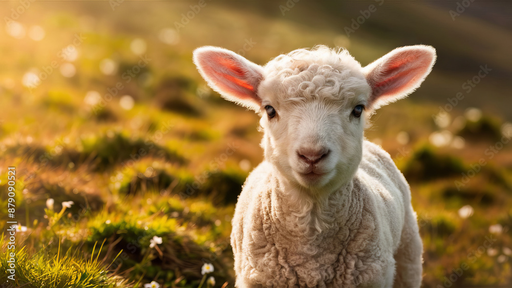 Obraz premium Fluffy white sheep graze peacefully in a green meadow