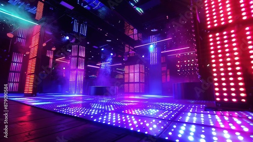 A high-tech nightclub dance floor with interactive LED panels, lasers, and a dynamic lighting system enhancing the party vibe.