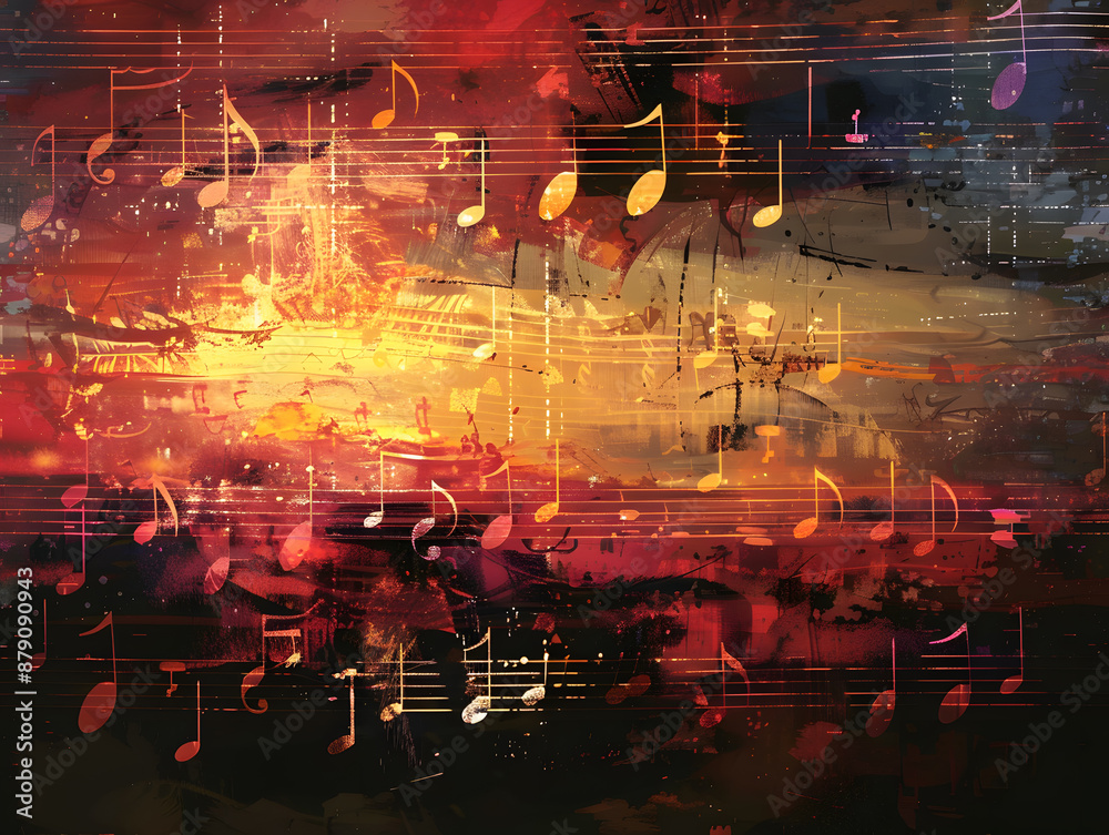 Obraz premium Colorful background with notes, treble clefs. Neural network AI generated art