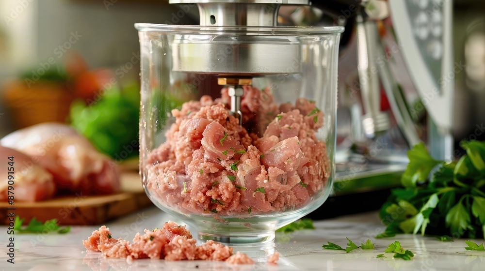 Close up view of a manual meat grinder with ground meat in a glass bowl boneless chicken thighs on a marble surface emphasizing home cooked and nutritious food Close up view of a manual meat grinder with ground meat in a glass bowl boneless chicken thighs on a marble surface emphasizing home cooked and nutritious food