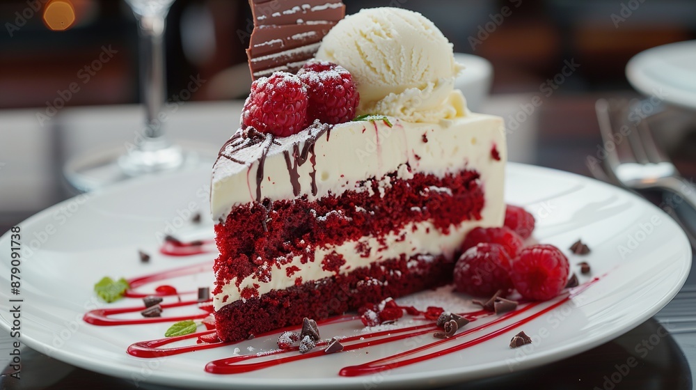 A mouthwatering slice of red velvet cake topped with a scoop of cream cheese ice cream, adorned with chocolate shavings and fresh raspberries, for an indulgent dessert that satisfies every craving.