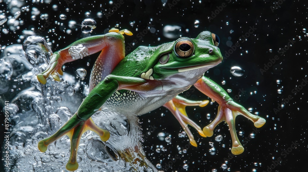 Naklejka premium Green Tree Frog Leaping Through Water Droplets