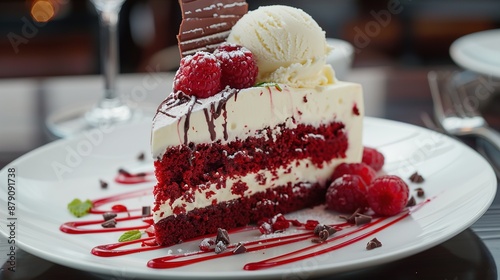 Obraz na płótnie A mouthwatering slice of red velvet cake topped with a scoop of cream cheese ice cream, adorned with chocolate shavings and fresh raspberries, for an indulgent dessert that satisfies every craving. w salonie