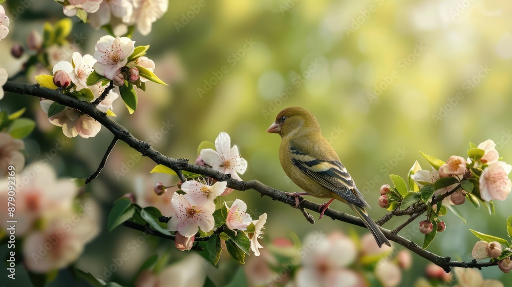 Fototapeta premium Green Finch Perched on a Branch of Blooming Tree