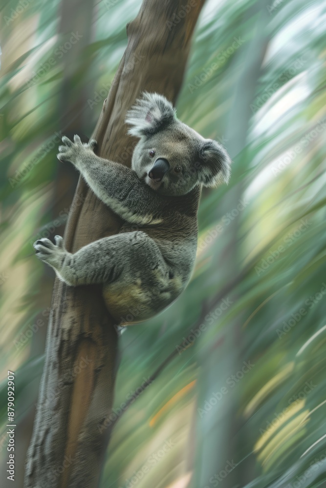 Fototapeta premium Koala Climbing a Tree in a Blurred Forest