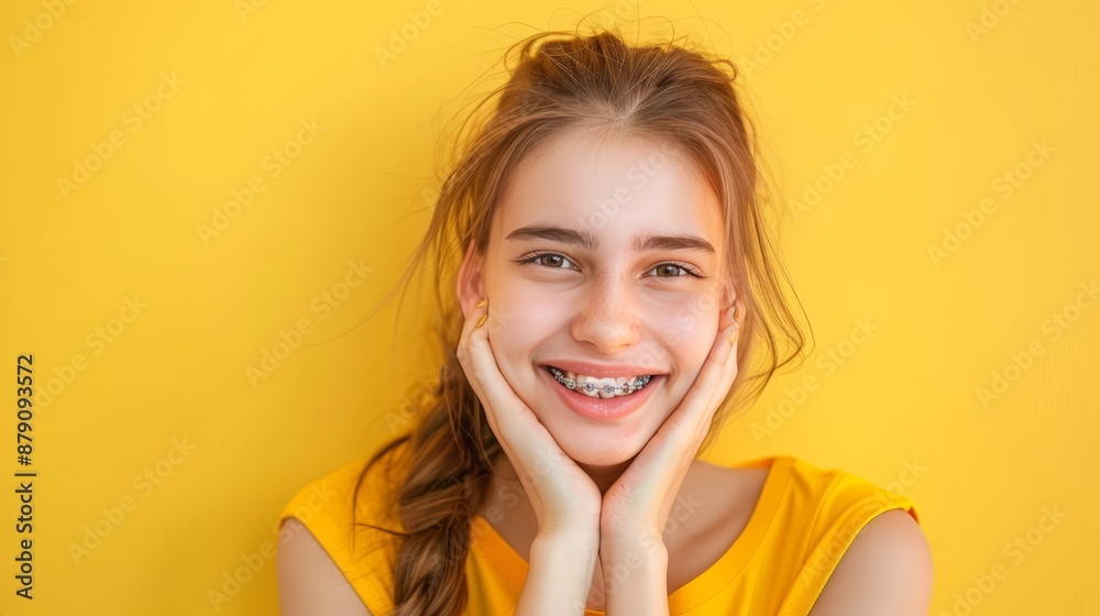 Woman with emotional expression and braces on teeth against plain yellow backdrop Woman with emotional expression and braces on teeth against plain yellow backdrop