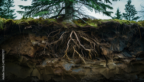 Real green spruce and its roots, layers of soil cross-section.