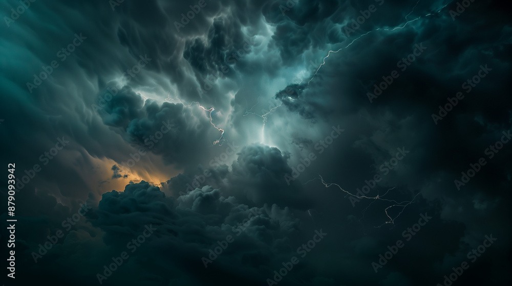 Fototapeta premium Dark blue thunderstorm clouds with lightning, background for design