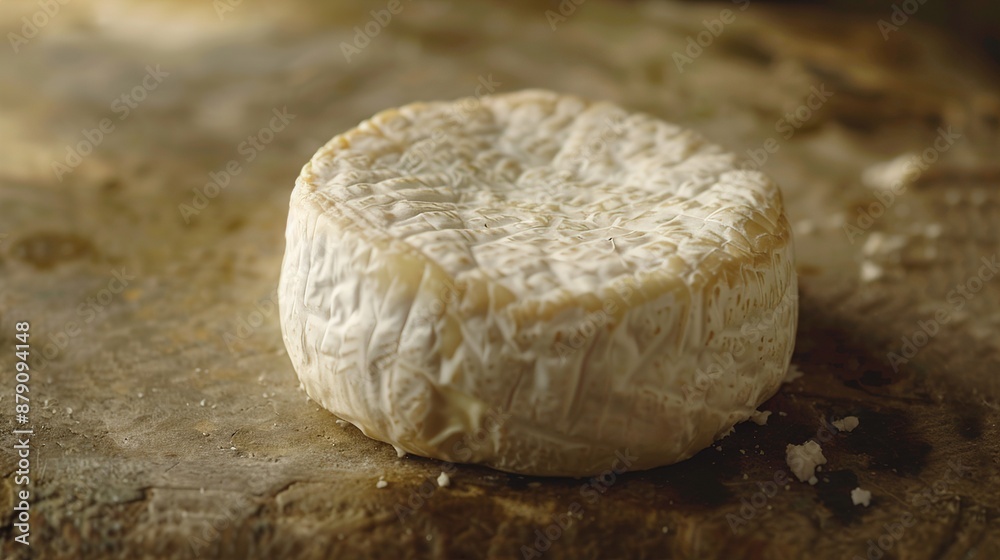 A round of soft goat cheese placed on a simple brown surface, accentuating its creamy consistency and subtle earthy flavor. A round of soft goat cheese placed on a simple brown surface, accentuating its creamy consistency and subtle earthy flavor.