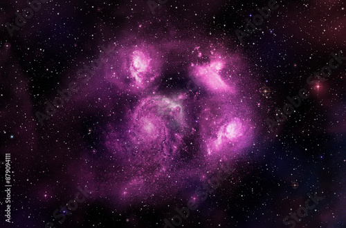 A group of pink galaxies surrounded by twinkling stars.