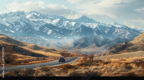 A scenic mountain pass with snow-capped peaks in the distance, as a lone car traverses the winding road, offering a sense of adventure and exploration.