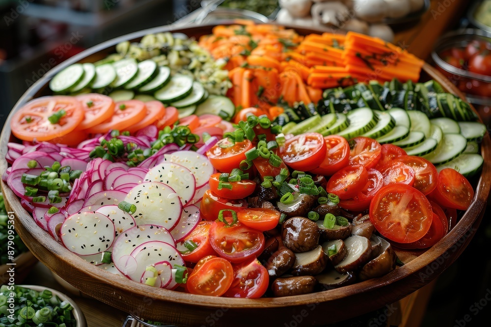 A platter of assorted pickled vegetables, including cucumbers, tomatoes, and mushrooms, arranged beautifully. 