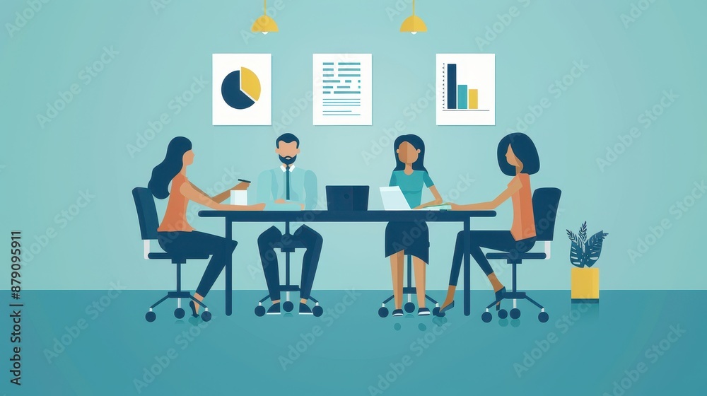 A group of people are sitting around a table in a conference room A group of people are sitting around a table in a conference room