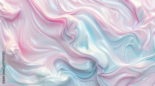 A mesmerizing liquid design with gentle waves of pastel pink, baby blue, and creamy white flowing seamlessly together, forming an intricate, delicate pattern.