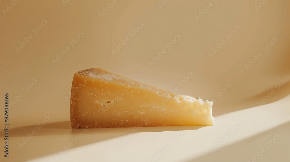 A slice of aged parmesan cheese displayed on a plain beige background, highlighting its granular texture and nutty aroma.