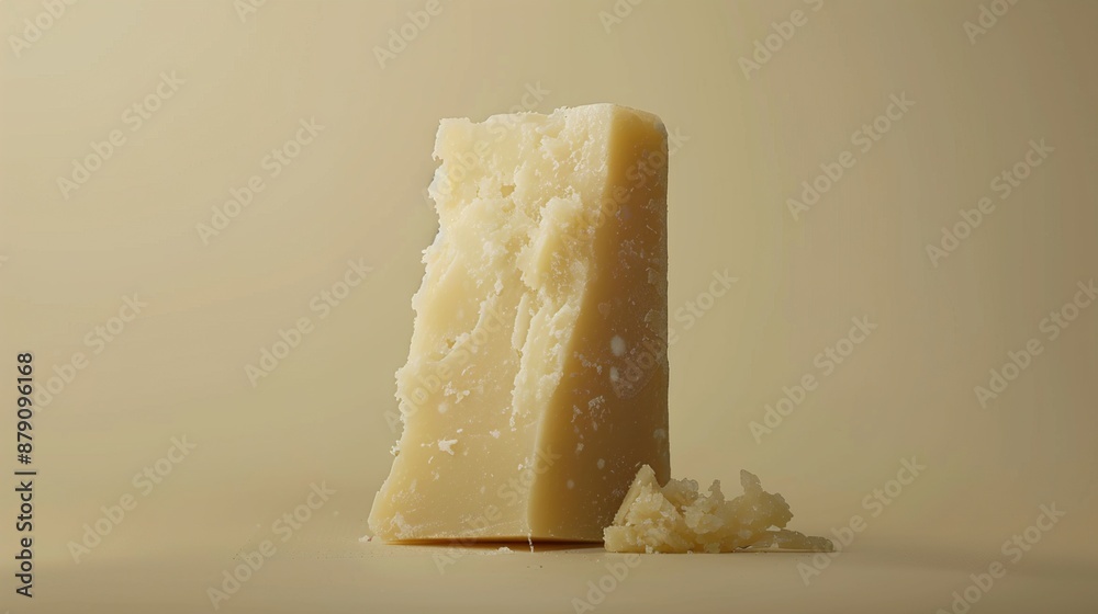 A slice of aged parmesan cheese displayed on a plain beige background, highlighting its granular texture and nutty aroma.