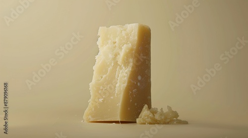 Obraz na płótnie A slice of aged parmesan cheese displayed on a plain beige background, highlighting its granular texture and nutty aroma. w salonie