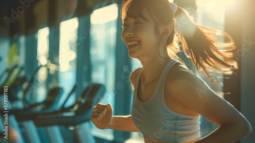 ランニングマシンで走る女性