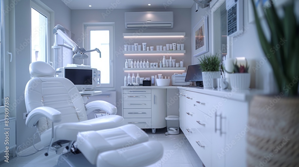 A white treatment room with a reclining chair, a small computer screen, skincare products on shelves, and a cabinet with drawers. A white treatment room with a reclining chair, a small computer screen, skincare products on shelves, and a cabinet with drawers.