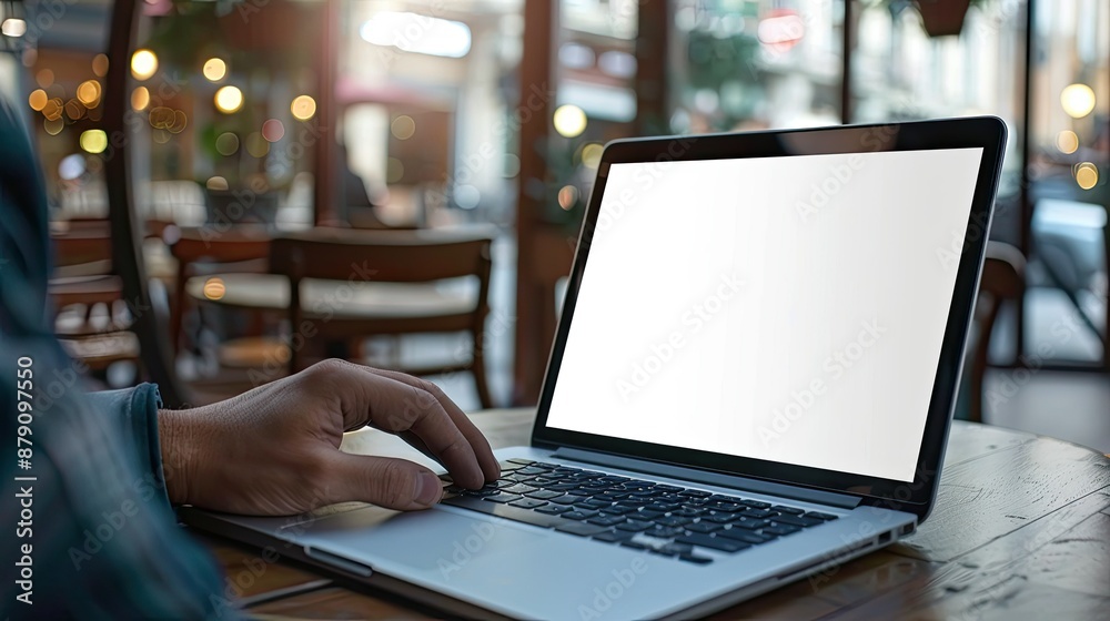 Man using laptop in cafe, close-up of blank screen for promotional graphic Man using laptop in cafe, close-up of blank screen for promotional graphic