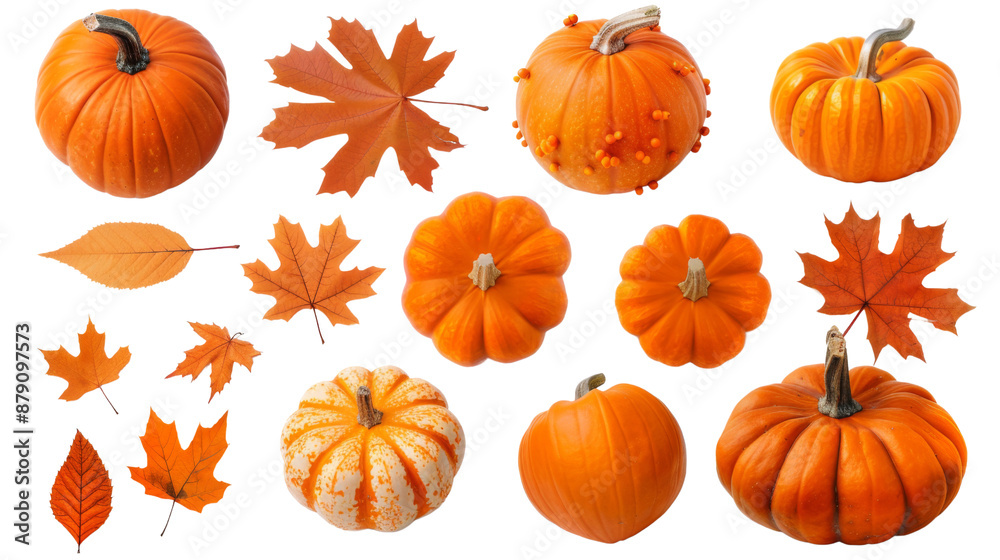 Autumnal orange pumpkins and leaves concept isolated on white or transparent background