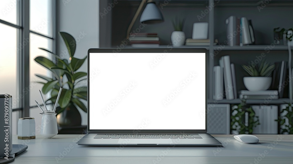 Mock up laptop screen on desk, blank white display, mouse, and ample copy space Mock up laptop screen on desk, blank white display, mouse, and ample copy space