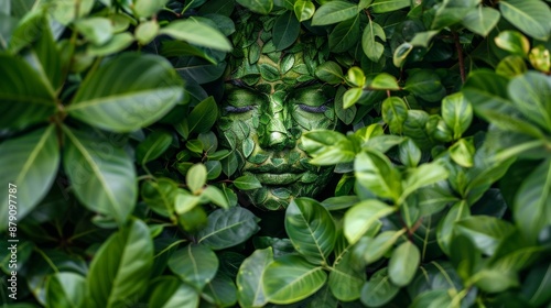 Camouflaged Beauty, Hidden in the Greens, Woman with Face Painted as Leaves,Hidden in Foliage