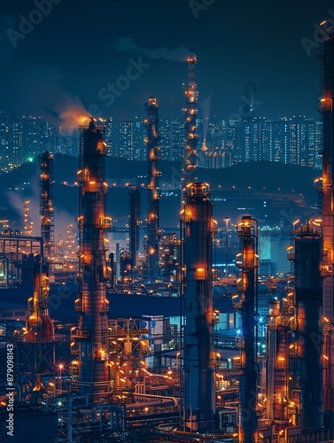 A nocturnal petrochemical facility with a tower in the oil and gas sector.