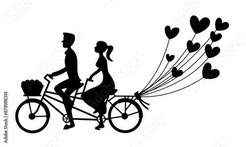 Wedding couple riding bicycle, Just married couple bride and groom riding tandem bicycle silhouette