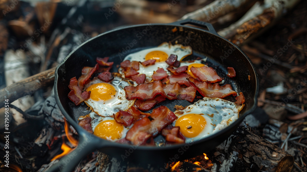 Camping Breakfast: Bacon and Eggs in a Cast Iron Skillet, Fried in the Forest. Enjoying Food at the Campsite Picnic. Camping Breakfast: Bacon and Eggs in a Cast Iron Skillet, Fried in the Forest. Enjoying Food at the Campsite Picnic.