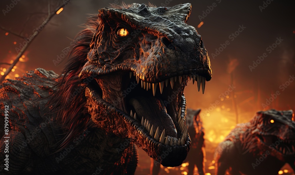 Dinosaur Close-Up With Fire in Background Dinosaur Close-Up With Fire in Background