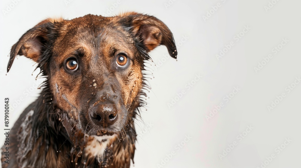 Playful mixed breed dog after messing in mud wearing a guilty expression White background studio photo Playful mixed breed dog after messing in mud wearing a guilty expression White background studio photo