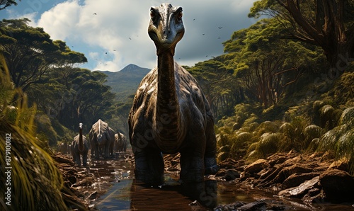 Group of Dinosaurs Walking Through Forest photo