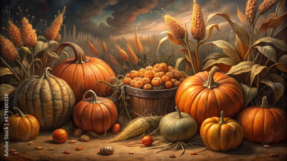 Harvested pumpkins and corn in a rustic setting. Harvested pumpkins and corn in a rustic setting.