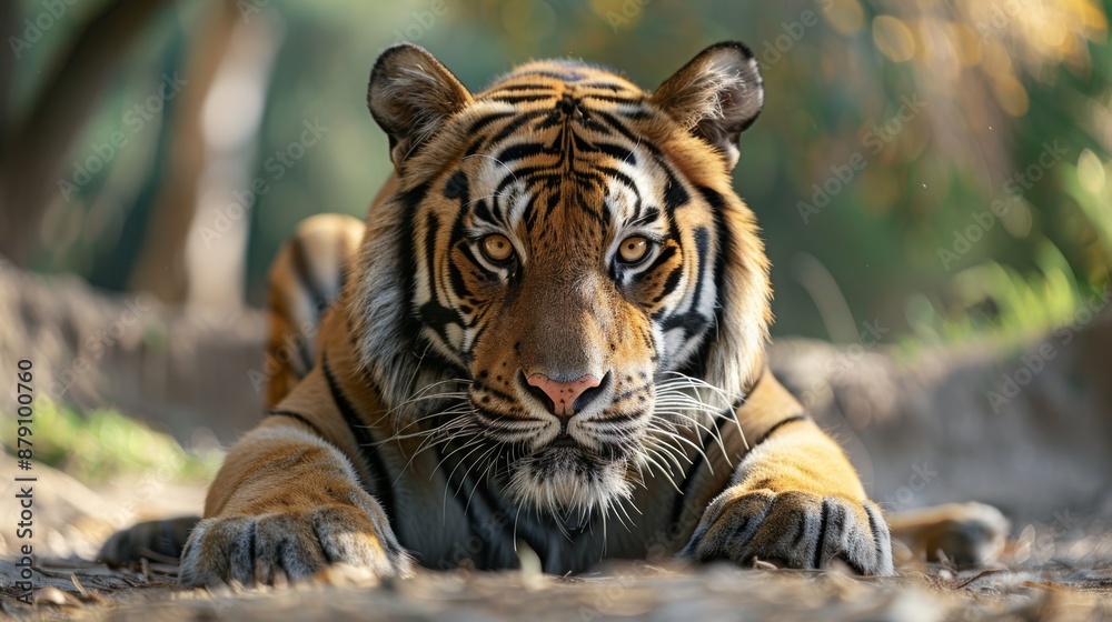 Close-up of a tiger's face and paws,with a blurred background. The tiger's eyes are focused and intense,giving a sense of power and danger. Close-up of a tiger's face and paws,with a blurred background. The tiger's eyes are focused and intense,giving a sense of power and danger.