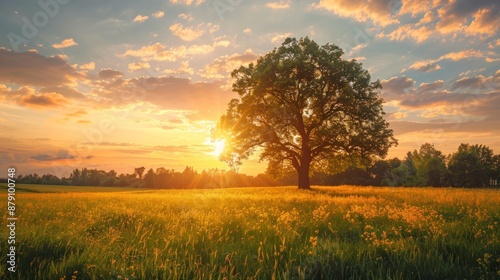 Fototapeta Naklejka Na Ścianę i Meble -  Golden hour sunset landscape with lone tree in field of wildflowers.