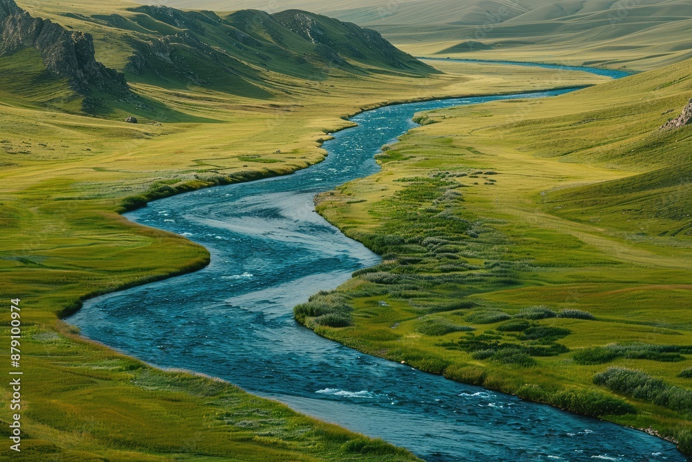 Blue River Flowing Through Green Valley, A Scenic Landscape